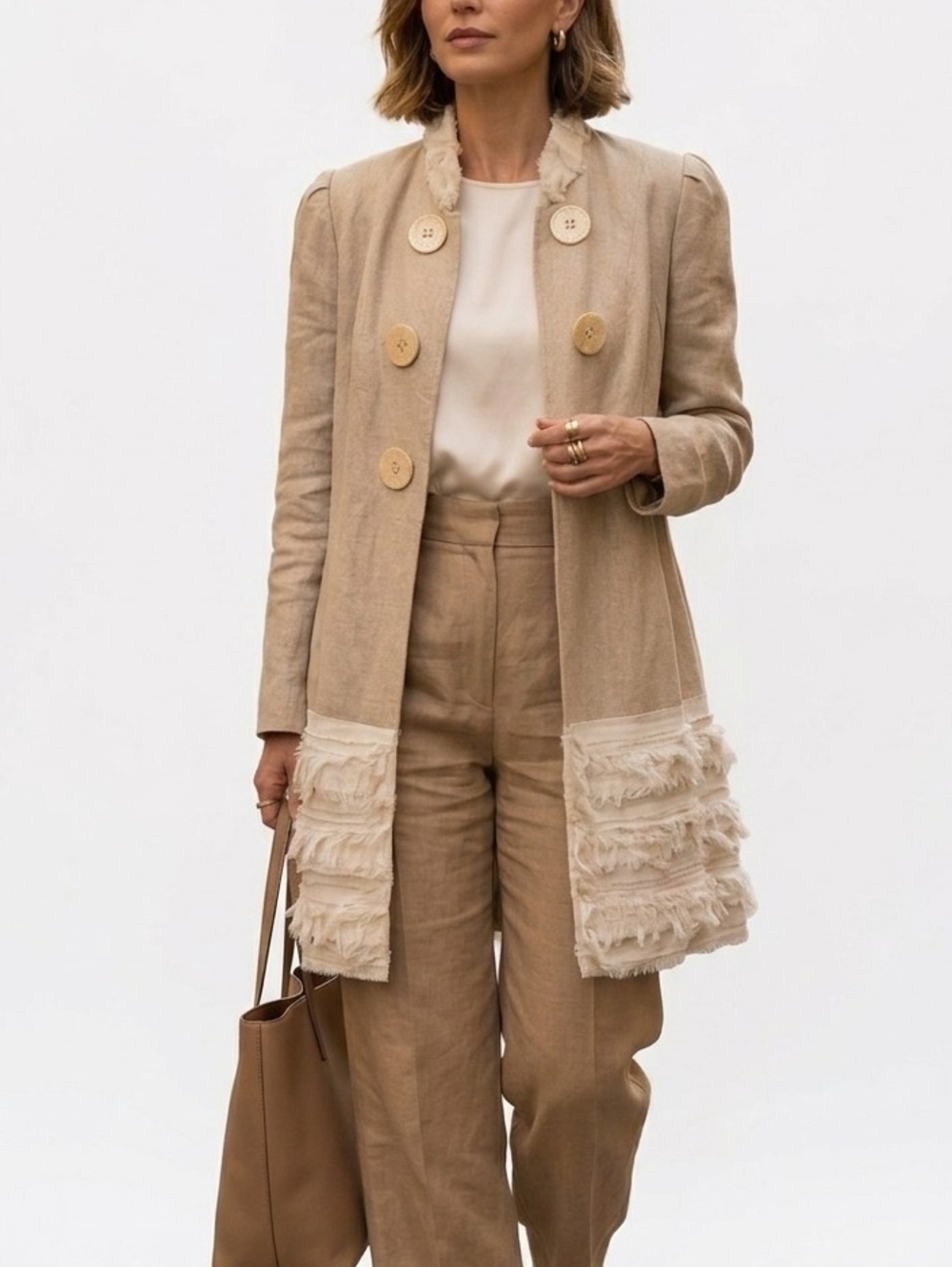 Lena Gabrielle Neutral Fringe Trim Long Lighweight Blazer Coat - Beige Linen 10